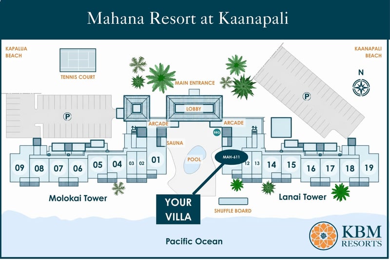 Resort map at Mahana Resort at Kaanapali — Villa 611 in the Molokai Tower is steps from the pool and Kaanapali Beach MAH-611