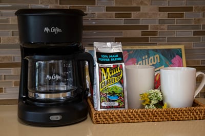 Wake up to the rich aroma of Maui coffee and start your island mornings with a fresh brew and a peaceful view