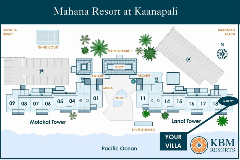 Resort map at Mahana Resort at Kaanapali — Villa 719 is steps from the pool and Kaanapali Beach MAH-719