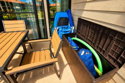The lanai comes with a handy built-in storage bench stocked with beach gear, ready to grab on your way down to the sand or pool.