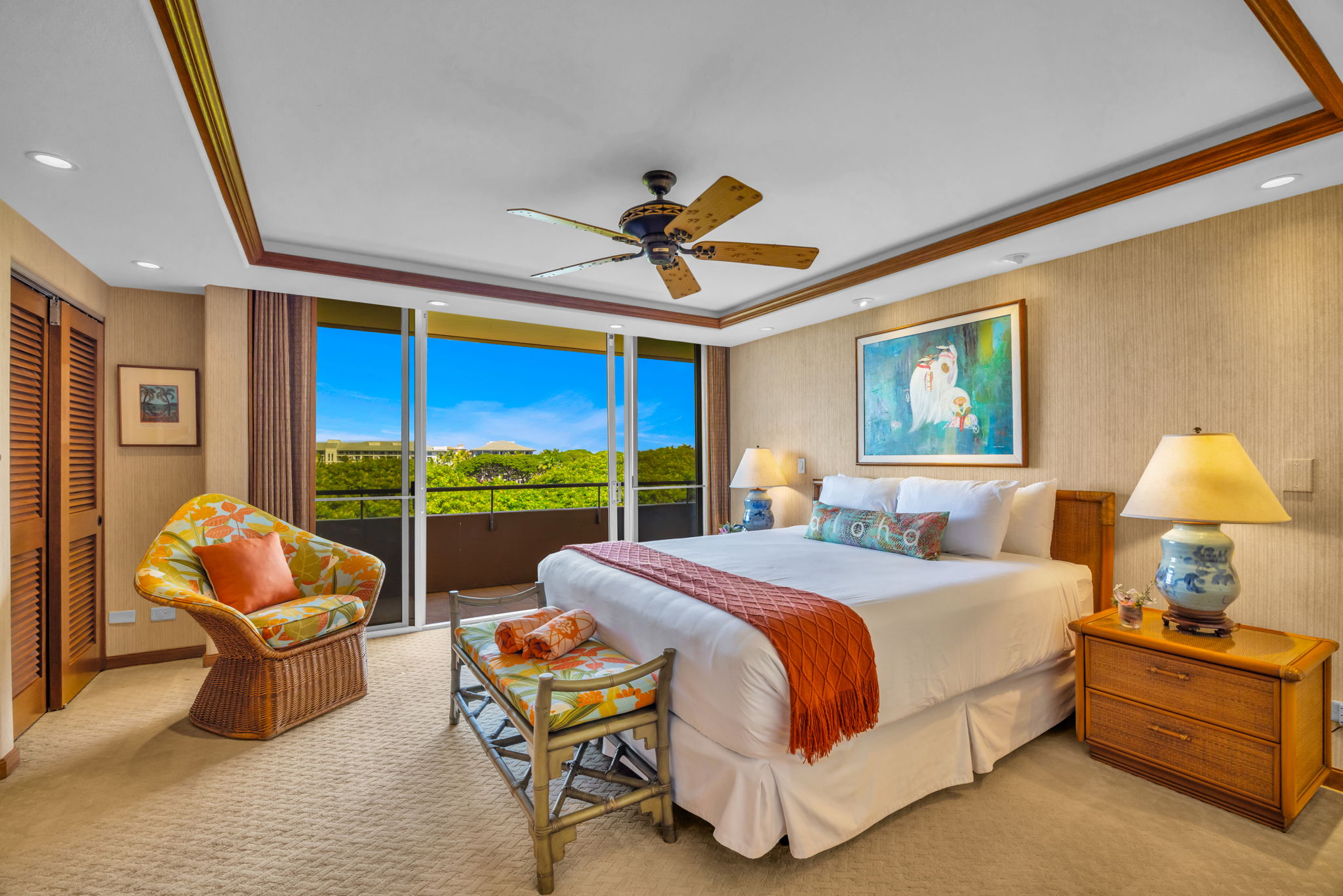 Your serene primary suite features a King bed, Smart TV, and private lanai access.