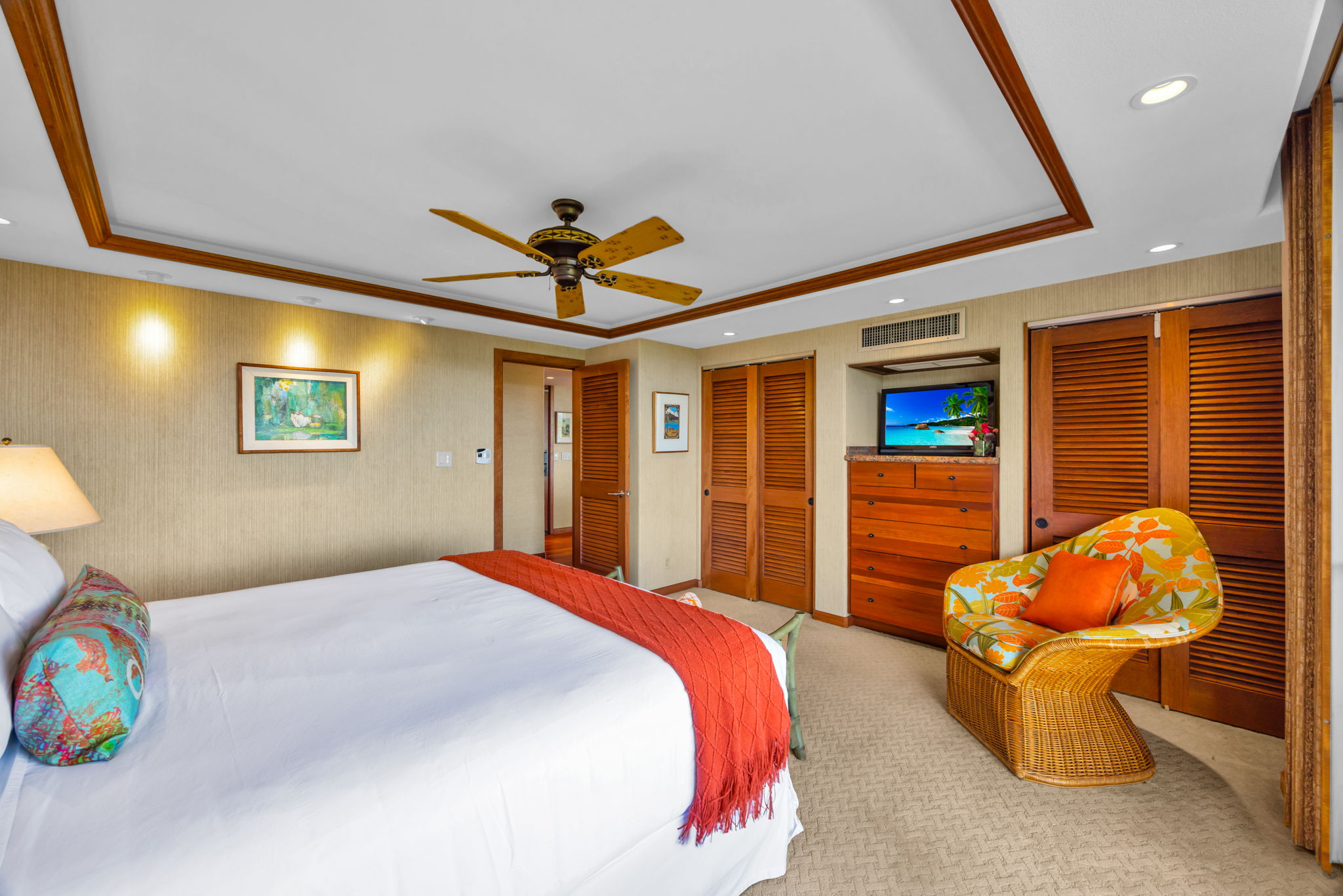 Enjoy comfort and privacy in your primary bedroom with soft linens and quiet ambiance.