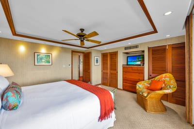 Enjoy comfort and privacy in your primary bedroom with soft linens and quiet ambiance.