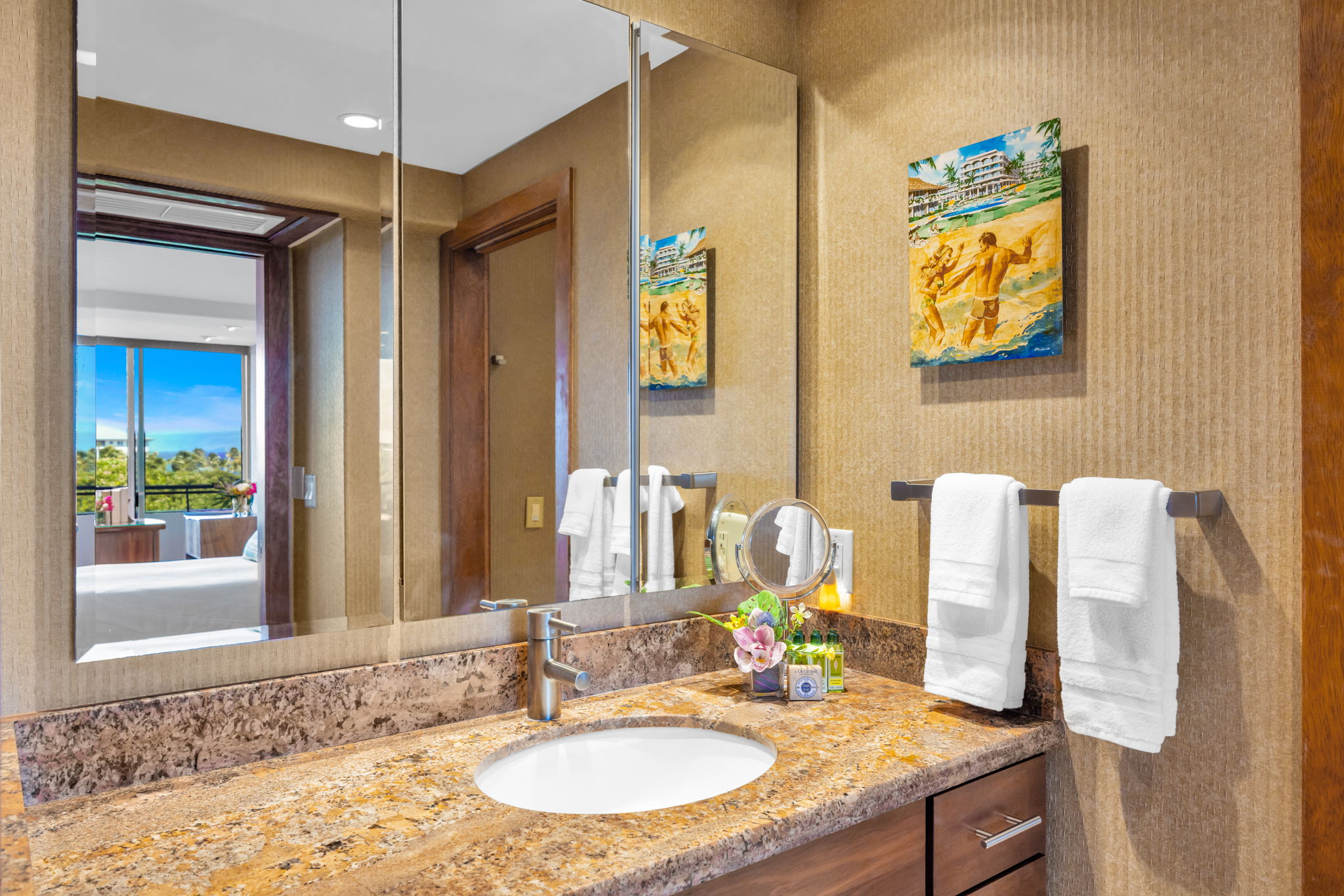 Second bathroom features a granite vanity and full-size walk-in shower.