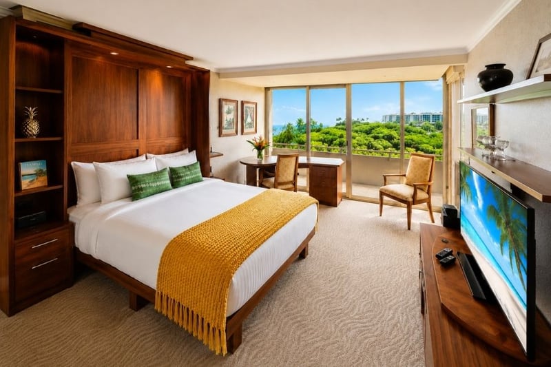 King bed and tropical views make this guest bedroom comfortable and inviting.