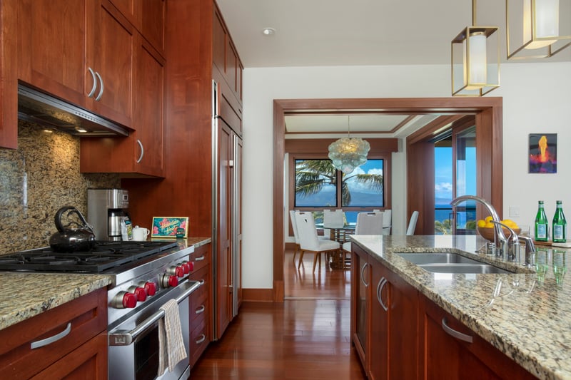 This kitchen glows like a caramel dream, where granite shimmers and palm trees photobomb your breakfast   
