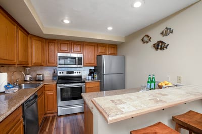 Cozy and well-equipped, this kitchen features warm wood cabinetry, modern appliances, and a relaxed island bar NAP-A25