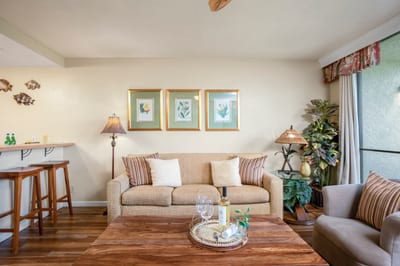 Relax beneath palm-leaf ceiling fans in a sun-drenched space styled with island art, warm wood, and thoughtful touches NAP-A25