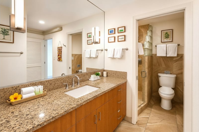 Fresh and bright bathroom provides everything needed to refresh after the beach