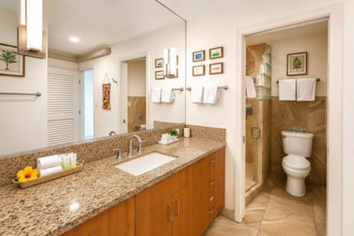 Fresh and bright bathroom provides everything needed to refresh after the beach