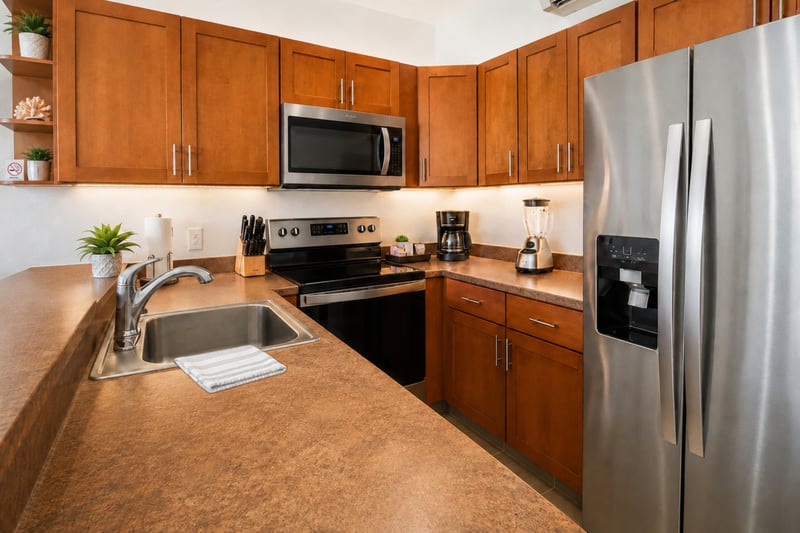 Chef's kitchen at Napili Point B31 — full-size range, microwave, coffee maker, and blender for effortless island cooking NAP-B31