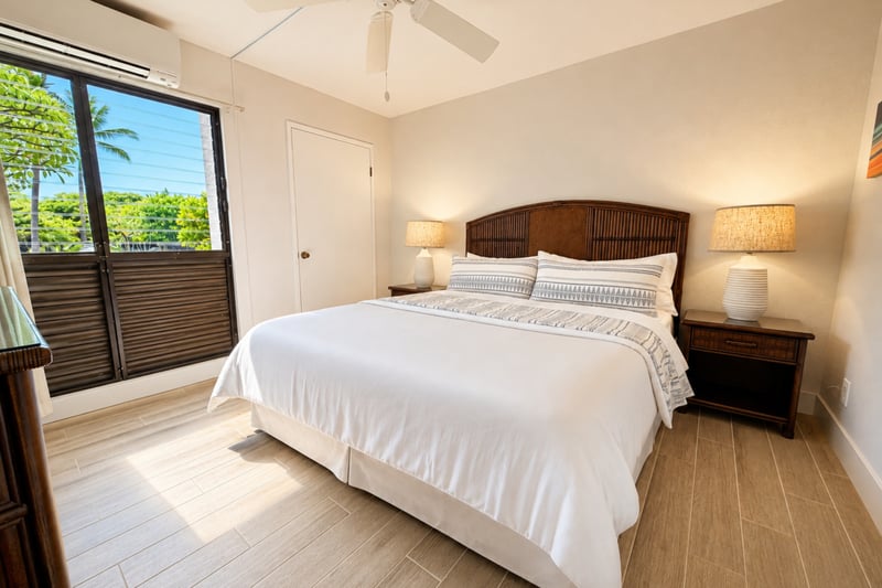 Primary bedroom at Napili Point B31 — king bed, private lanai access, and lush tropical views through the sliding glass door NAP-B31