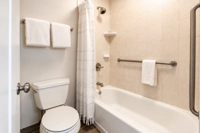 Tub and shower at Napili Point B31 — a deep soaking tub with shower combo, fresh towels, and spa-ready amenities