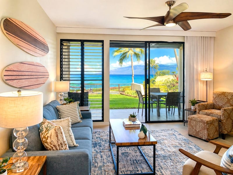 Comfortable seating and warm tones make the living space an easy place to settle in after a day out