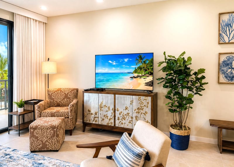 The living space features a flat screen TV and tasteful, ocean inspired decor