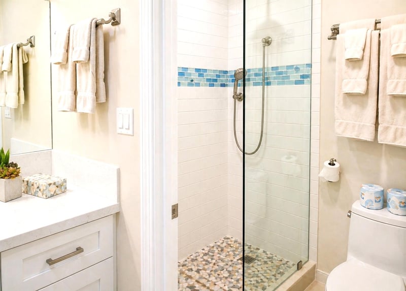 A spacious master bath with a walk-in shower and a handheld showerhead