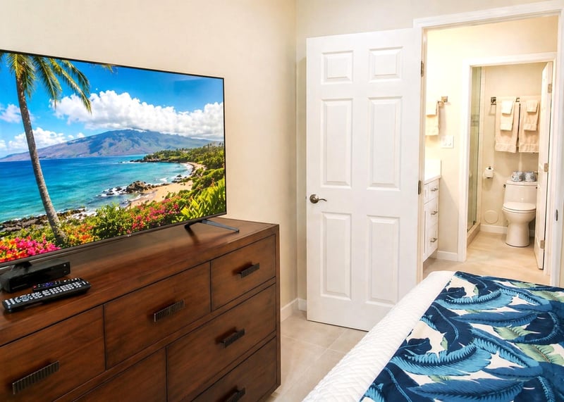 The bedroom features a flat screen TV for added convenience if you want to have a cozy movie night in