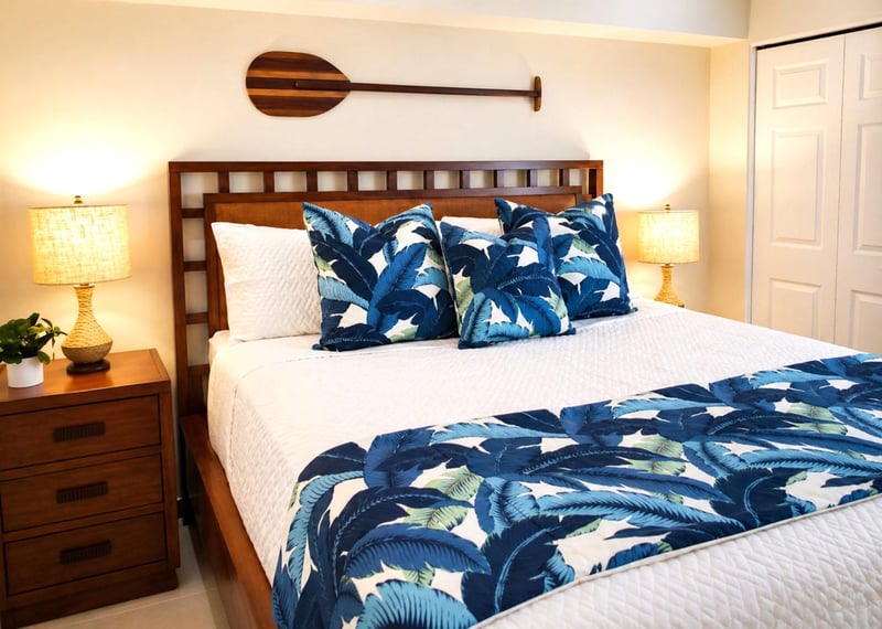 The bedroom features a king size bed with hotel grade linens, perfect for a nights' rest