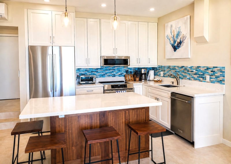 The kitchen features a spacious island with seating for four