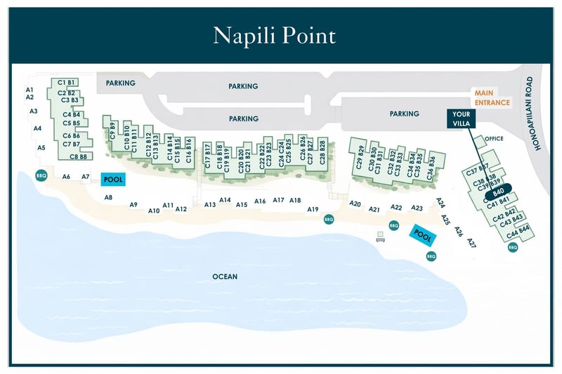 Resort map at Napili Point — Villa B40 sits near the B-building cluster close to the office NAP-B40