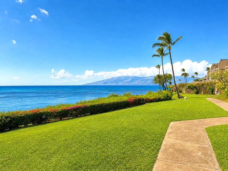 Spacious lawn leading to coastline with stunning island views