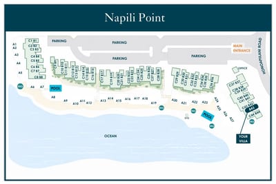 Our resort layout highlighting our prime oceanfront location at Napili Point—just steps from the swimming pools and premier ocean access.