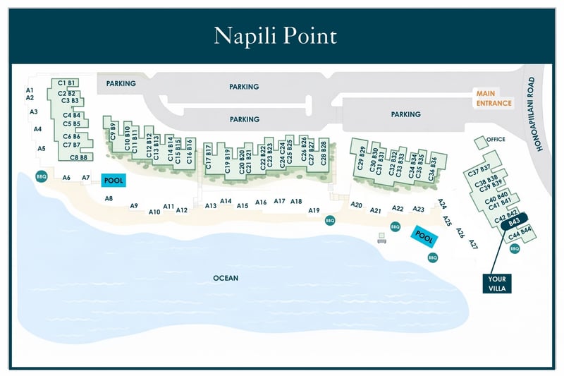 Our resort layout highlighting our prime oceanfront location at Napili Point—just steps from the swimming pools and premier ocean access.