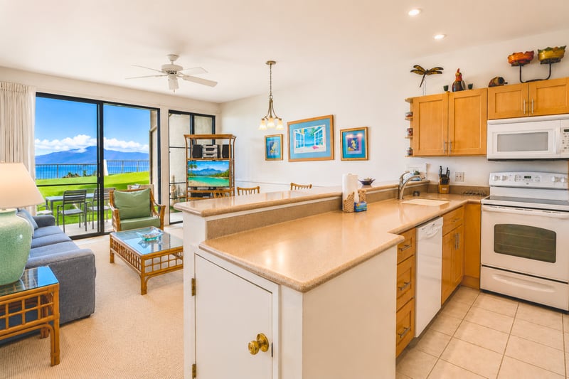 Bright, airy, and inviting. Relax in our Hawaiian-style living area after a fun day of snorkeling with the sea turtles at Honokeana Bay.