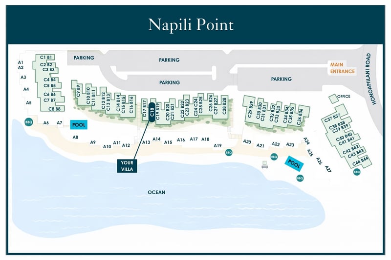 Resort map at Napili Point — Villa C18 sits oceanfront on the main beachwalk, steps from the beach and Pool A NAP-C18