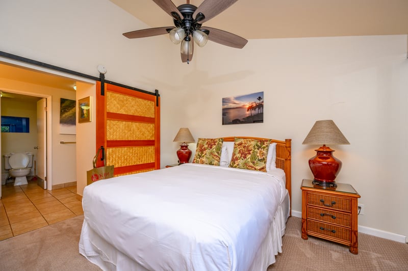 Tranquil master bedroom with tropical wood tones, a smart TV, large mirror, and garden views through glass doors   NAP-C18