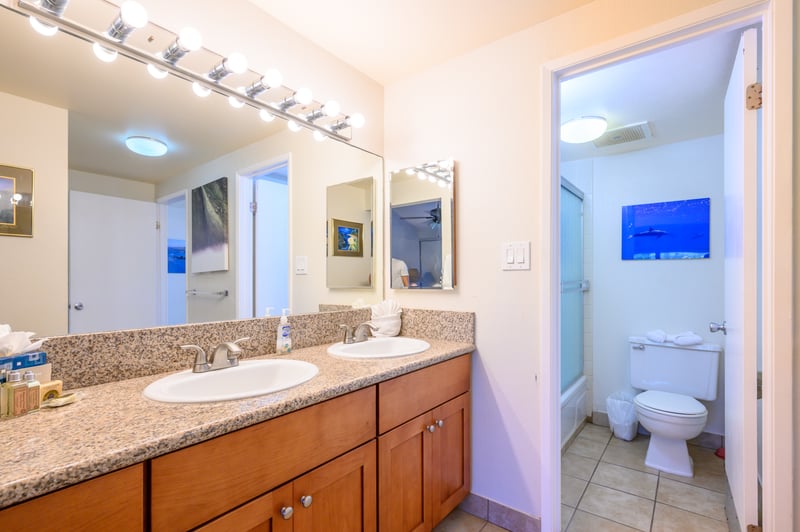 A spacious double vanity topped with speckled granite offers both function and finesse in this light-filled master retreat NAP-C18