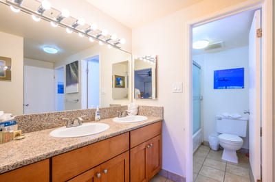 A spacious double vanity topped with speckled granite offers both function and finesse in this light-filled master retreat NAP-C18