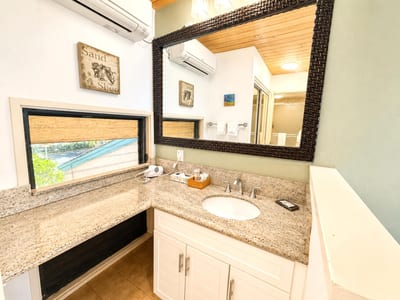 The guest bathroom features ample vanity space, making getting ready a breeze