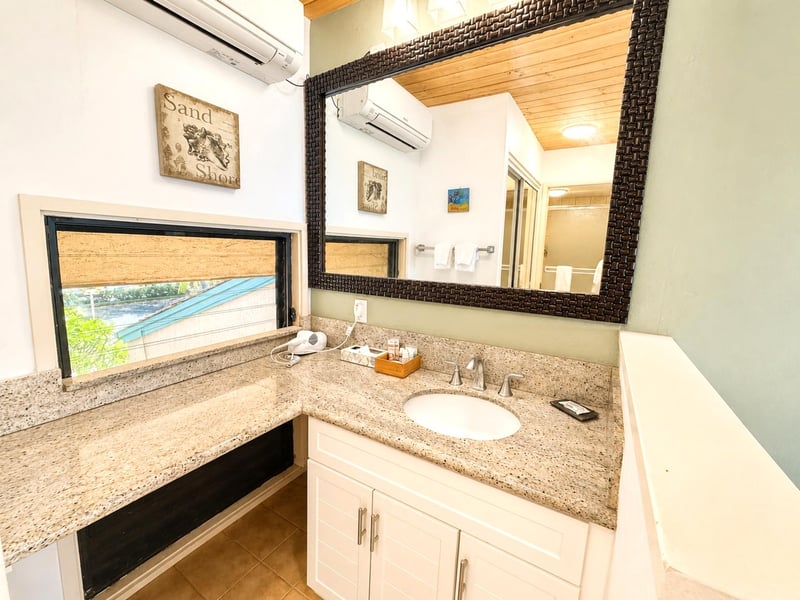 The guest bathroom features ample vanity space, making getting ready a breeze