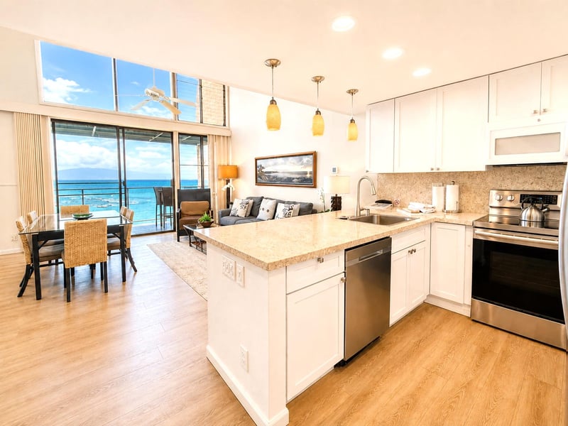 Clean countertops, quality appliances, and stunning ocean views make cooking feel easy here