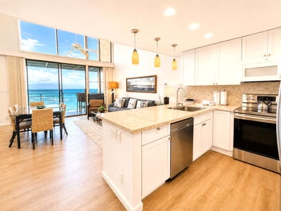 Clean countertops, quality appliances, and stunning ocean views make cooking feel easy here