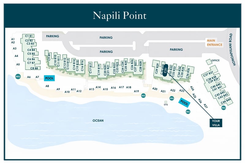 Resort map at Napili Point — Villa C31 sits near the C-building cluster close to the office