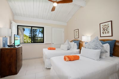 Airy and bright with twin beds, high ceilings, tropical charm, and peaceful views from large shuttered windows