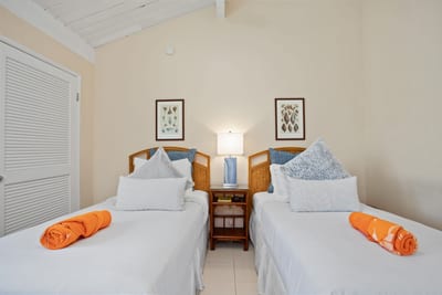 Chic twin suite with natural light, soft tones, wood accents, and a tranquil vibe for a rejuvenating island stay