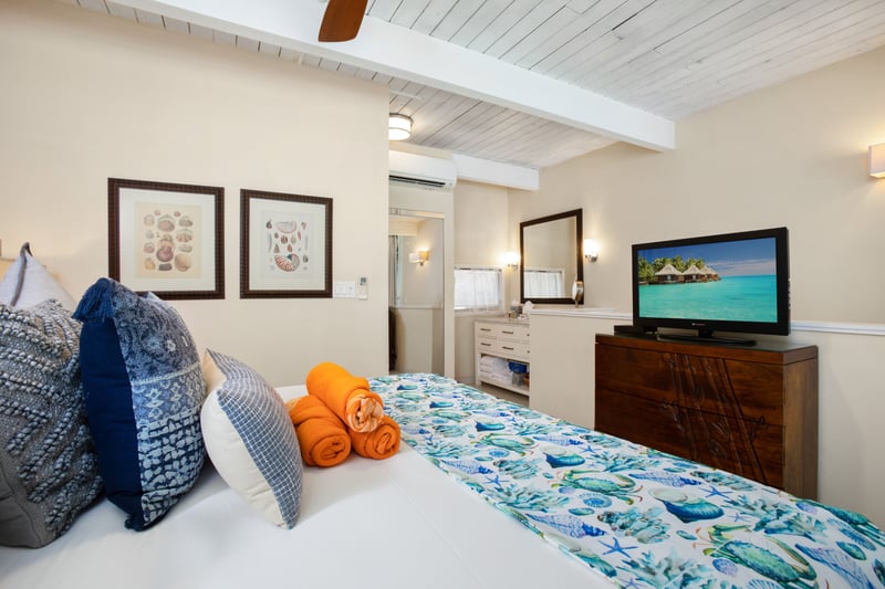 Breezy elegance surrounds you in this serene space with a king bed, smart TV, ceiling fan, and vibrant textiles