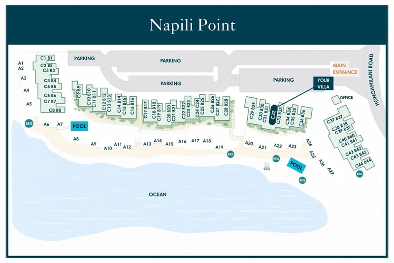 Resort map at Napili Point — Villa C32 sits near the C-building cluster close to the office