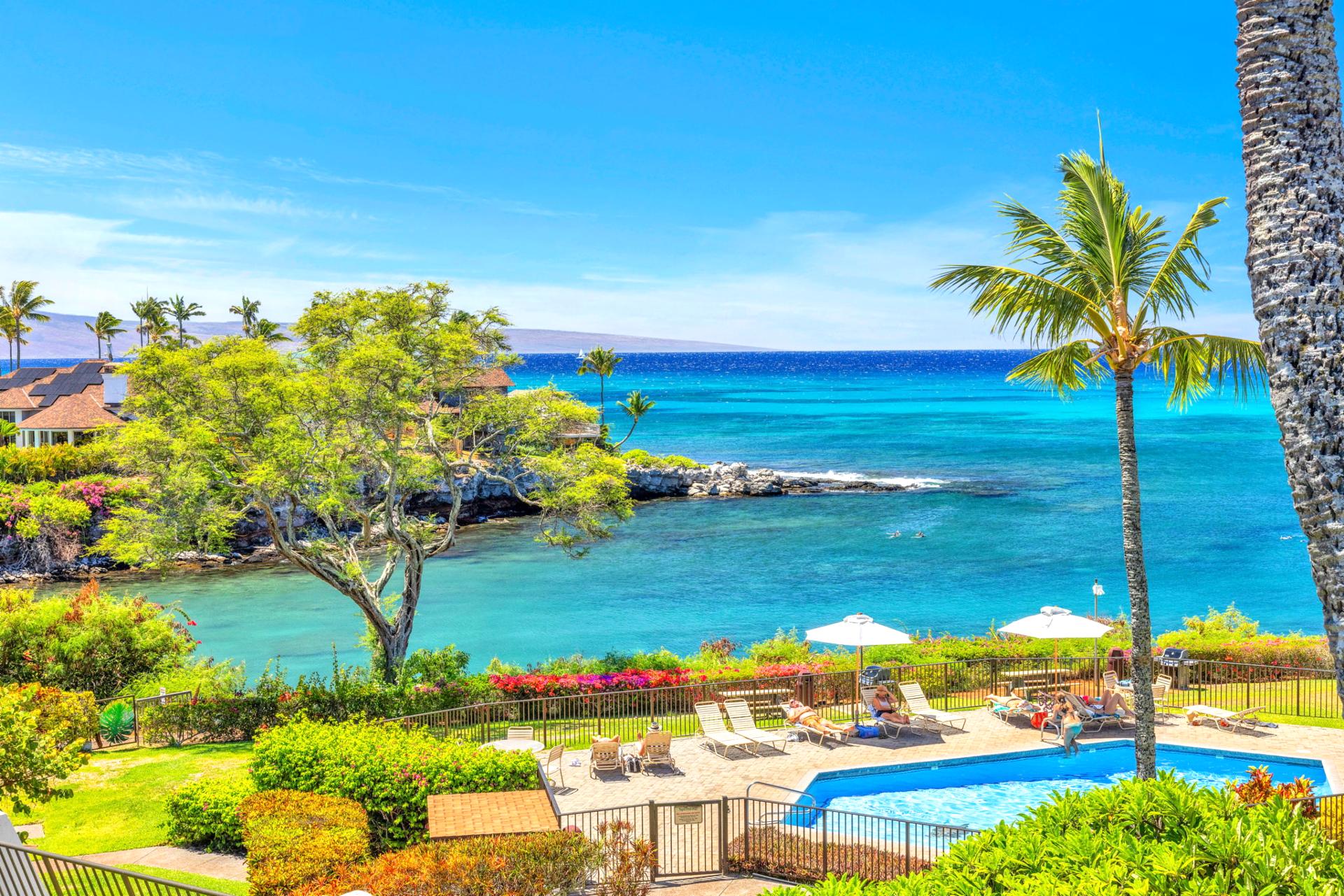 Breathtaking ocean view with turquoise waters, lush tropical landscaping, and a sparkling pool — the ultimate Hawaiian getaway setting. NAP-C37