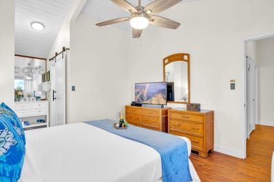 Spacious bedroom with smart TV, ceiling fan, and ensuite bath access—your private retreat within the condo. NAP-C37