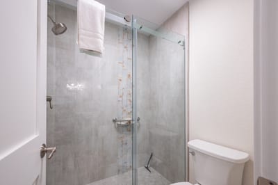 Sleek glass shower with spa-style tile and modern fixtures.