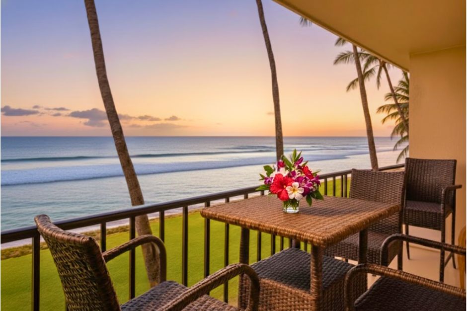 Oceanfront lanai with a dining table for four, ideal for sunset dinners with uninterrupted views of the Pacific.