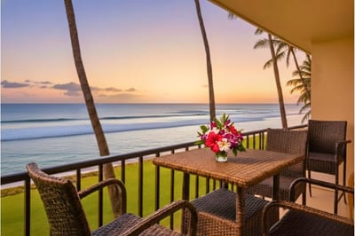 Oceanfront lanai with a dining table for four, ideal for sunset dinners with uninterrupted views of the Pacific.