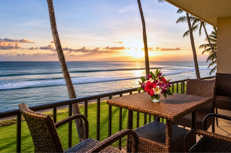 Oceanfront lanai with a dining table for four, ideal for sunset dinners with uninterrupted views of the Pacific.