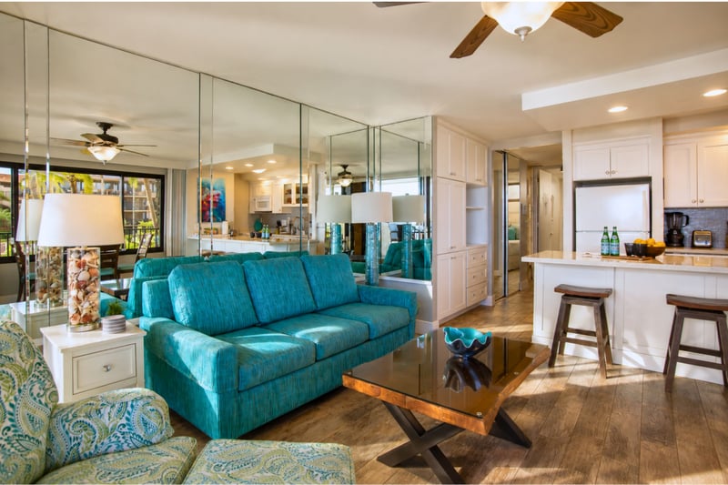 Bright living area with coastal decor, ocean views, and a Smart TV for easy movie nights.