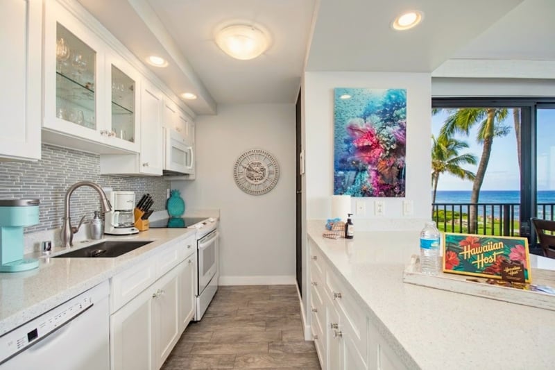 Bright kitchen and entryway with open sightlines to the living area and views beyond.