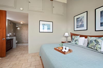 The master suite pairs a sleek desk, breezy linens, and lush window views for work or total unwind